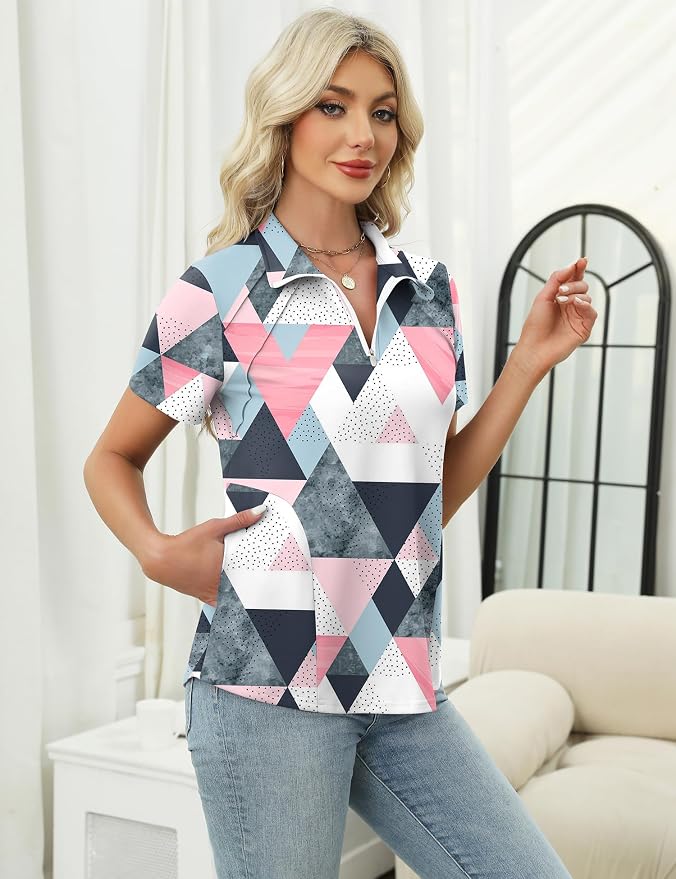 LOMON Womens Golf Polo Shirt Summer Short Sleeve Quarter Zip Outfit | Side-Pockets,Princess Seams,Cotton,Wrinkle Free,Moisture Wicking,Quick-Dry,Lightweight,Collared,for Tennis Workout
