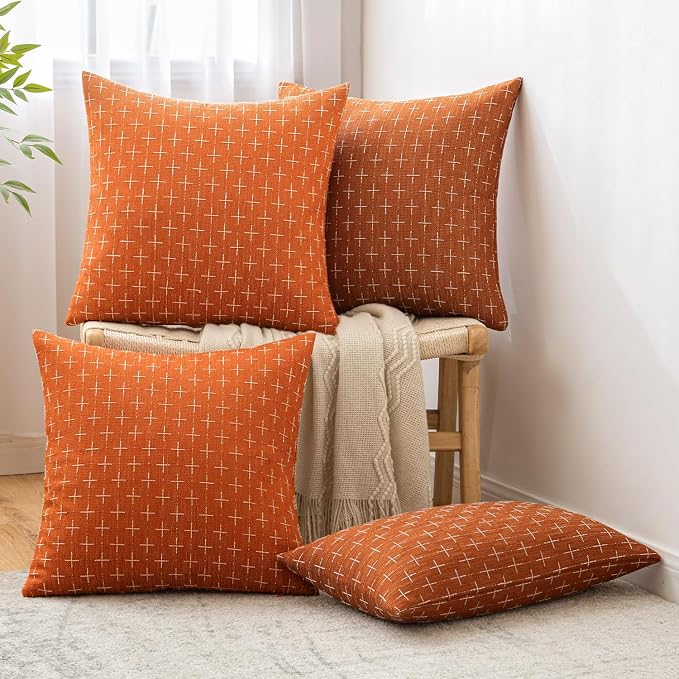 MIULEE Pack of 2 Decorative Burlap Linen Throw Pillow Covers Modern Farmhouse Pillowcase Rustic Woven Textured Cushion Cover for Sofa Couch Bed 20x20 Inch Burnt Orange