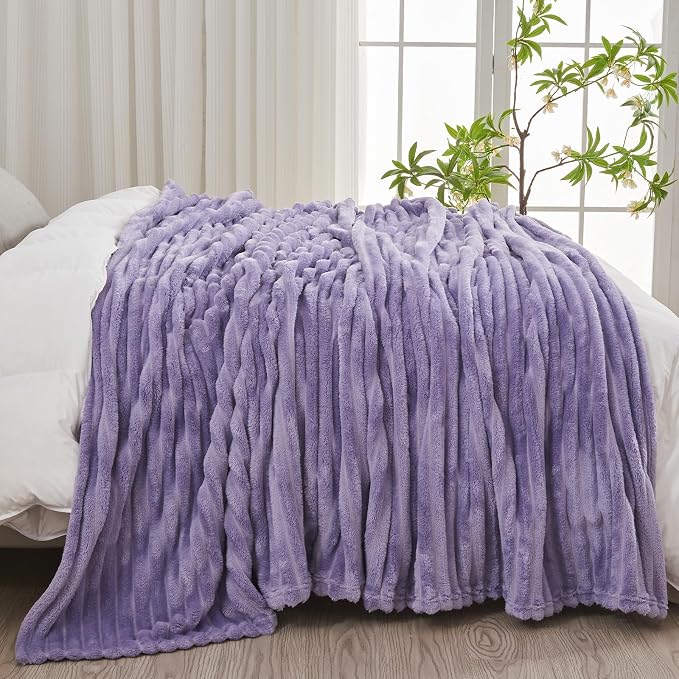 NEWCOSPLAY Fleece Ribbed Cozy Queen Blanket for Couch, Lavender, 90"x90" | Premium Silky Flannel Blanket, Soft Lightweight Fluffy Throw Blanket for Bed Sofa Decor, Gift for All Season Use