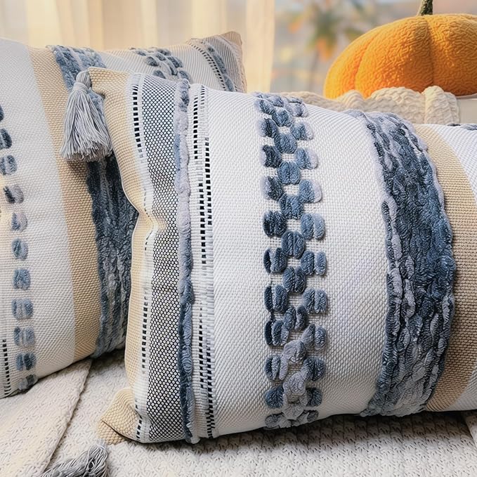 PANOD Boho Long Lumbar Throw Pillow Cover 14 x 36 Grey, Chenille Morocan Extra Long Pillow Case Cover, Decorative Long Pillow for Bed Couch Sofa Farmhouse