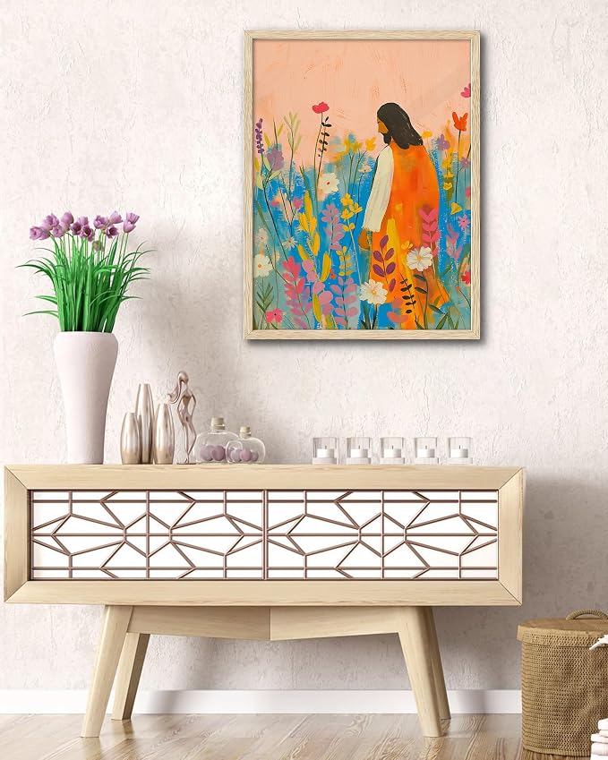 EcoHest 16x20 in Jesus Wildflower Bible Verse Framed Christian Wall Art | Solid Oak Wood Frame with Canvas Wall Art, Floral Scripture Wall Decor for Bedroom, Living Room, Office, Church, 1Pack