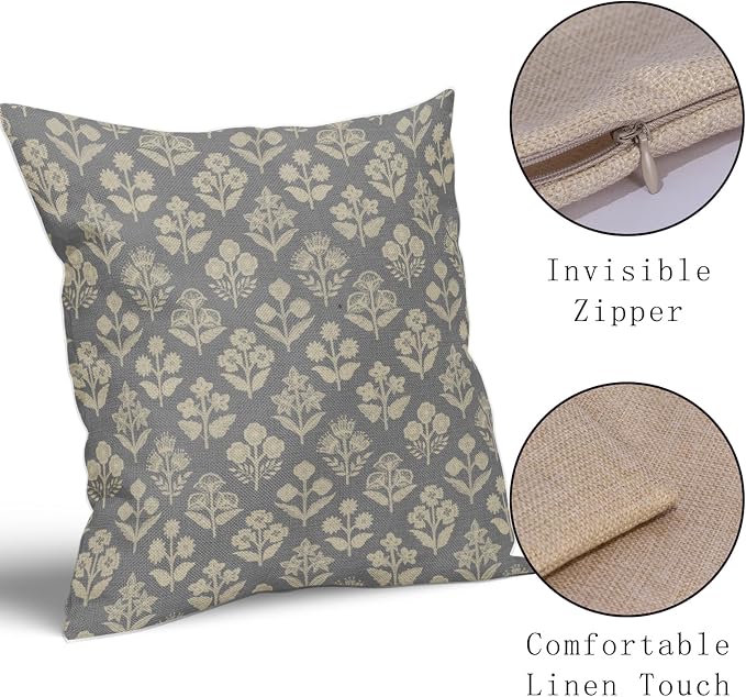 Grey Gray Floral Block Print Pillow Covers 18x18 Inch Set of 2, Vintage Flower Pattern Decorative Throw Pillowcases Outdoor Farmhouse Cushion Covers Spring Summer Rustic Sofa Couch Bed Decor