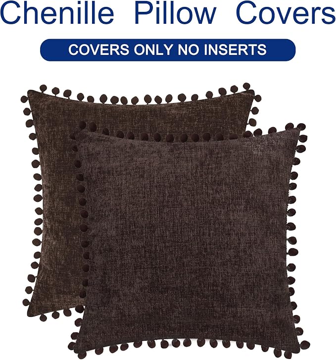 CaliTime Decorative Couch Throw Pillow Covers 16 X 16 Inches Coffee | Pack of 2, Cozy Chenille Cushion Cases, with Pom Poms for Sofa Bed Living Room Farmhouse Home
