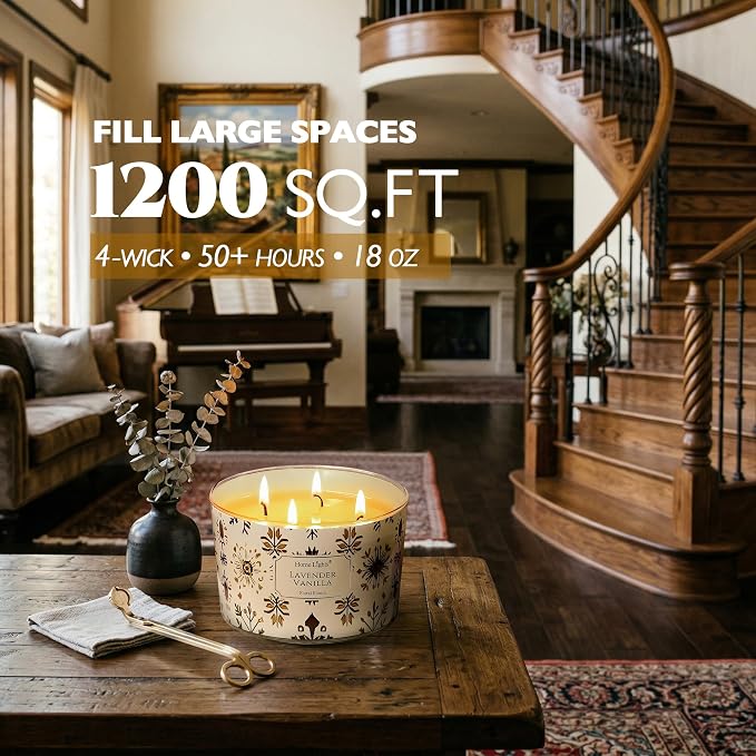 HomeLights Large jar Candle | 4-Wick Long-Lasting Scented Candles, 18oz Natural Soy Wax Candle for Home Scented, Bohemian Natural Textures Gifts for Women & Men, Lavender Vanilla