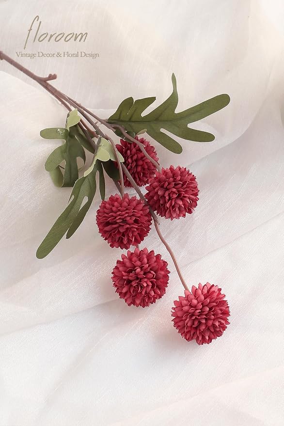 5pcs Dark Red Faux Silk Mums Artificial Flowers, Bulk Fake Small Mini Chrysanthemums with Stems for DIY Wedding Centerpieces Floral Arrangements Vase Fillers Home Decorations