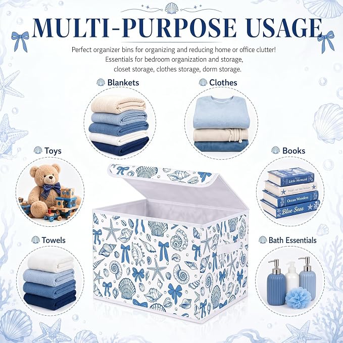 Briwooody Beach Storage Bin with Lid and Carrying Handle Coastal Blue Bow Seashell Foldable Storage Box Summer Bachelorette Party Decorative Collapsible Container Basket for Closet Home Bedroom Gift