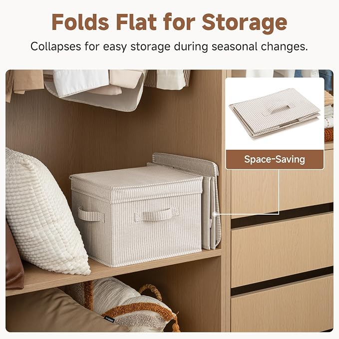 StorageWorks Closet Storage Bins, Fabric Storage Bins with Lids | Flip-Top Lid, 3 Handles, Collapsible, Stackable, for Clothes Blankets, Multi-Purpose, Medium, Khaki and Beige Stripes, 2-Pack