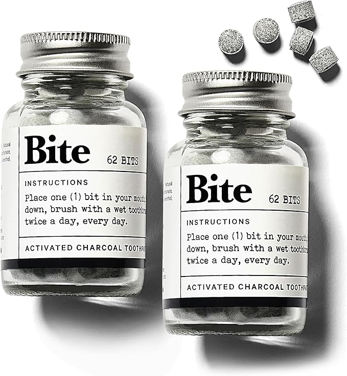 Bite Whitening Toothpaste Tablets – 2 Months – Fluoride Free, Nano Hydroxyapatite + Xylitol, Mint Charcoal– Vegan, Cruelty-Free, Made in USA, Sensitive Teeth, Travel Size, (2 Bottles, 124 Tabs)