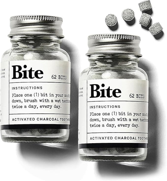 Bite Whitening Toothpaste Tablets – 2 Months – Fluoride Free, Nano Hydroxyapatite + Xylitol, Mint Charcoal– Vegan, Cruelty-Free, Made in USA, Sensitive Teeth, Travel Size, (2 Bottles, 124 Tabs)