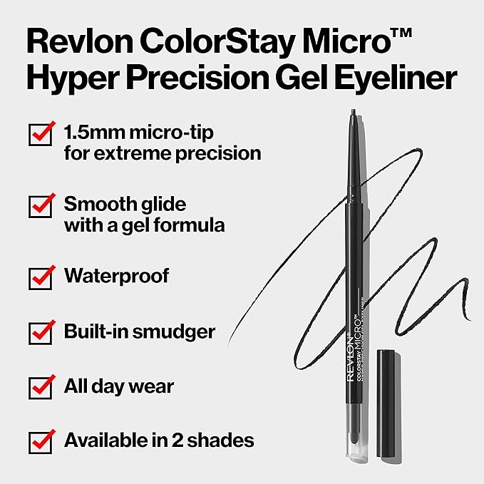 Revlon Gel Eyeliner, ColorStay Micro Hyper Precision Eye Makeup with Built-in Smudger, Waterproof, Longwearing with Micro Precision Tip, 214 Black, 0.002 oz