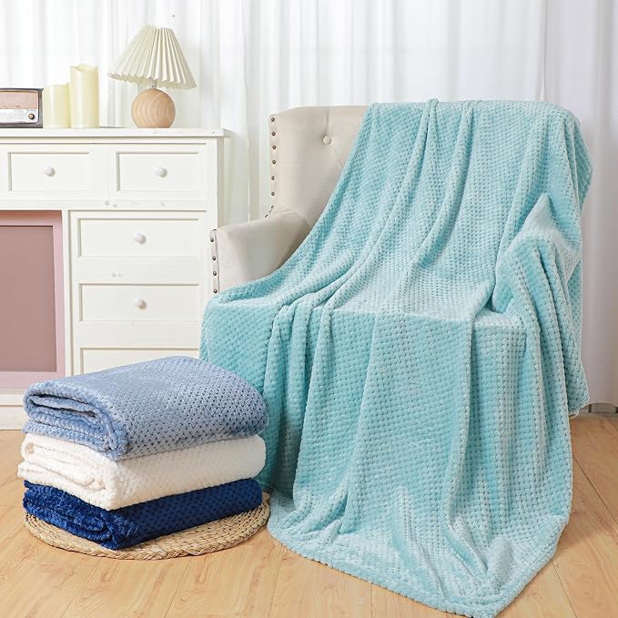 Newwiee 4 Pcs Fleece Throw Blanket, 3D Waffle Textured,Gradient Blue | Soft Lightweight Set for Couch Bed Sofa, Warm Winter Throws, No Shedding Pilling, Flannel Waffle Texture, 50x60 Inch