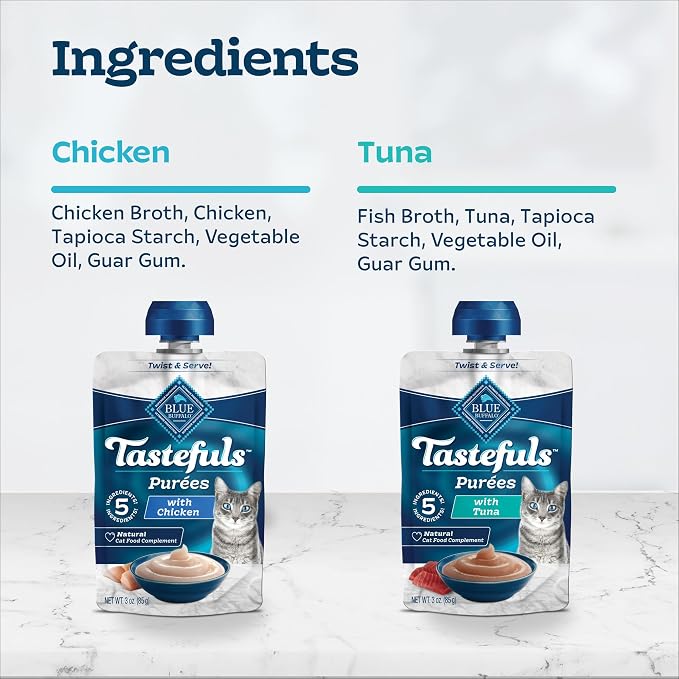 Blue Buffalo Tastefuls Purées Variety Pack, Natural Cat Food Complement, Resealable Twist Cap Pouches, Chicken and Tuna, 3-oz (Pack of 24), 12 of Each Flavor