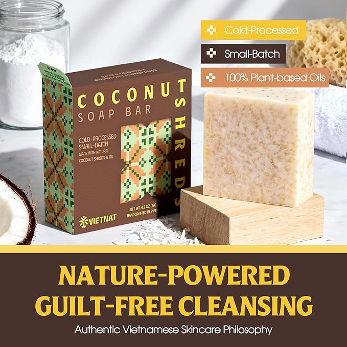 Cold-Process Natural 2-in-1 Soap Bar (4.2 oz) with Coconut Shreds | Light Exfoliation & Creamy Lather Body Bar | Cold-Processed, Handmade in Vietnam (Pack of 1)