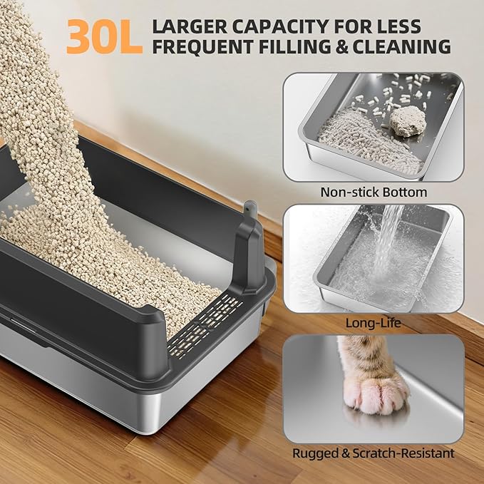 Stainless Steel Cat Litter Box, XXL High Sided Open Top Litter Pan, 1 Scoop | XXL, Spacious Interior, High Sides, Anti-Urine Leakage, Non-Stick Odor Resistant, Easy Clean, Reduce Litter Tracking