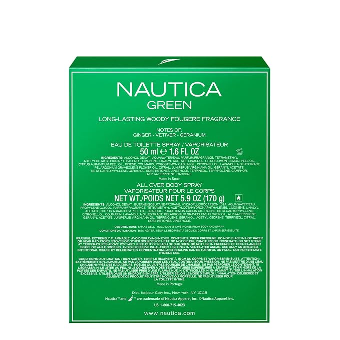 Nautica Color Green Giftset 1.7 fl oz EDT + 6 oz Deodorizing Body, Woody Fougere, Notes of Ginger, Geranium and Vetiver, Men's Duo Pack, Long Lasting, Everyday Fragrance