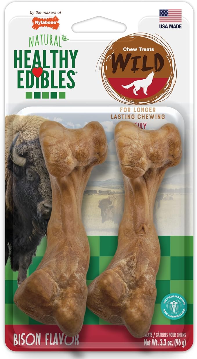Nylabone Healthy Edibles Wild Dog Treats, Bison Flavor, Medium, 10 Count | Natural dog chew bones, made in USA, highly digestible dog chews, long lasting chews for medium dogs up to 35 lbs