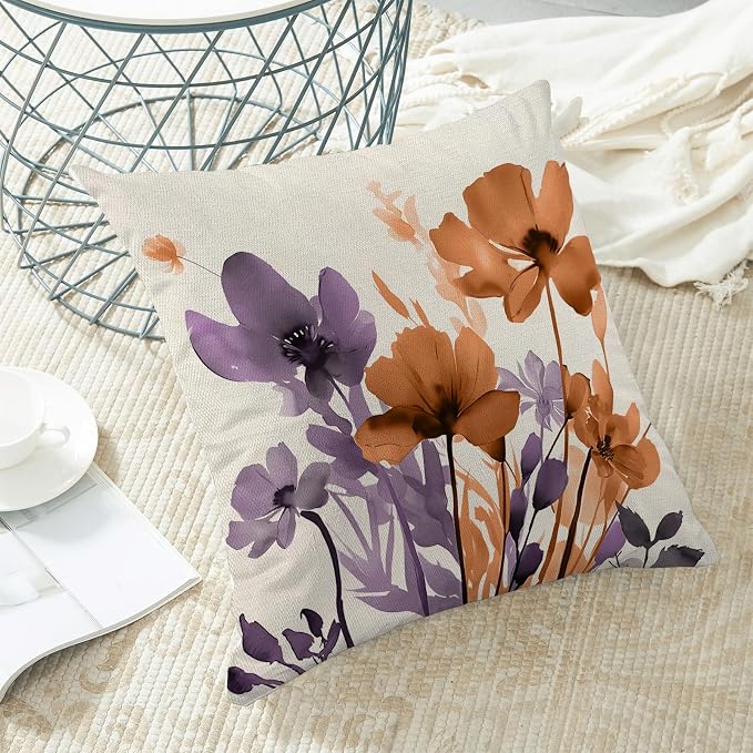 Floral Pillow Covers 18x18 Inches Set of 2 Fall Purple Orange Floral Throw Pillow Covers Outdoor Rustic Summer Flower Decoration Pillowcase Farmhouse Decorative Cushion Cover for Couch Sofa