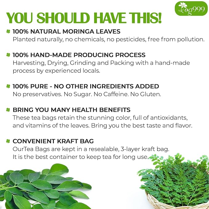 TOG999, Premium 60 Moringa Leaf Tea Bags, 100% Natural & Pure. Loose Leaf Moringa Herbal Tea. No Sugar, No Caffeine, No Gluten, Vegan.