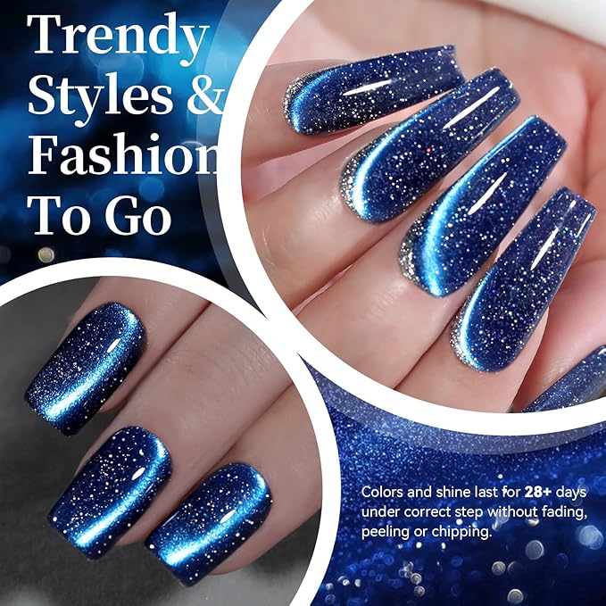 Born Pretty Reflective Glitter Cat Magnetic Eye Gel Nail Polish 15ML,Blue Glitter Holographic Magnetic Gel Polish,Sparkly Shiny Disco DJ U V Nail Polish with Magnet for Home DIY Salon