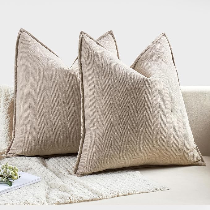 MIULEE Pack of 2 Beige Decorative Chenille Pillow Covers 16x16 Inch | Soft Couch Throw Pillows,Farmhouse Cushion Covers with Elegant Design for Sofa,Bedroom,Living Room,Spring Home Decor