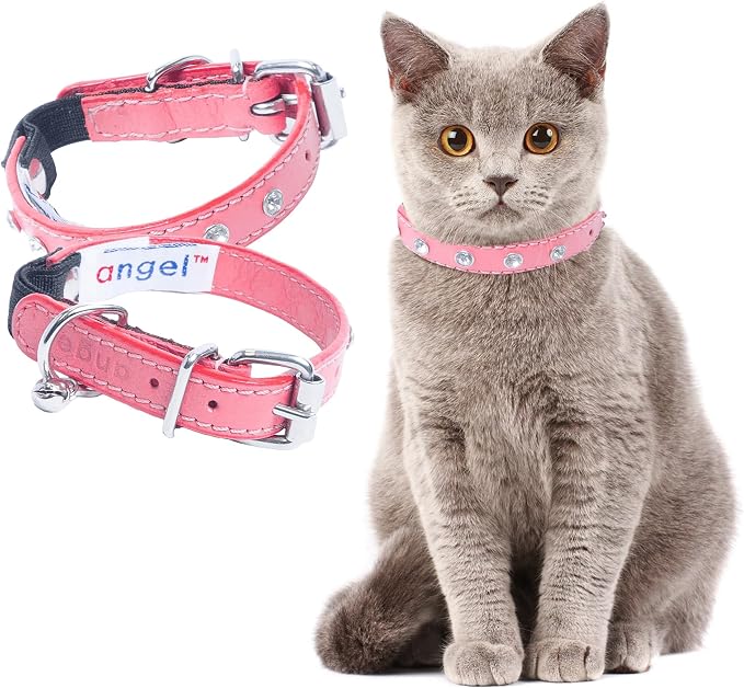 Angel, Athens Pink Rhinestone Elastic Break- Away Leather Cat Collar 12" x 1/2", Safety Stretch Release