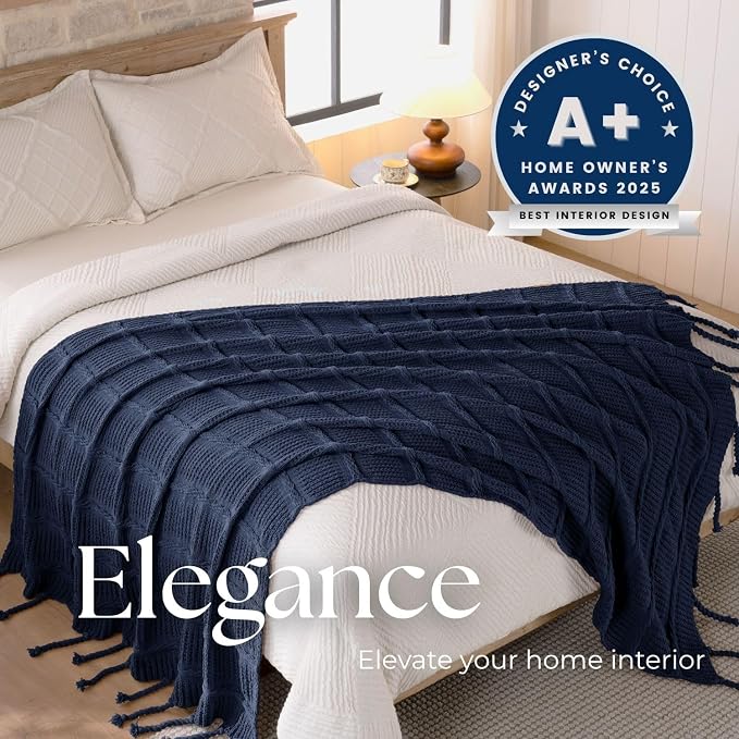 Boho Knitted Chenille Blanket with Tassels - Lightweight & Soft All-Season Throw - 3D Classic Pattern for Living Room Bedroom Couch, Royal Blue, Queen 90"x90"
