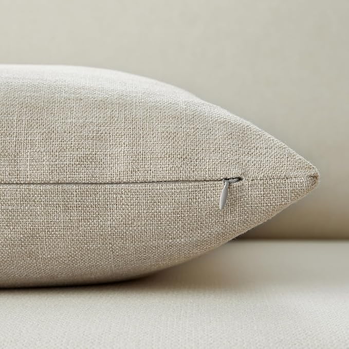 Meekio Set of 2 Linen Beige Throw Pillow Covers 18x18, Modern Farmhouse Linen Blend Decorative Pillow Covers for Couch Sofa Bed, Neutral Home Decor