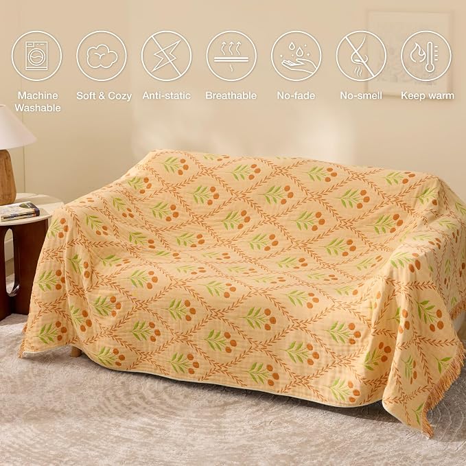 100% Cotton Boho Throw Blanket for Home Decor – Classic Farmhouse Quilt Bedding, Muslin Blankets for Adults, Vintage Woven Decorative Blanket for Couch, Bed Layering Use, Vintage Floral, 90"x90"