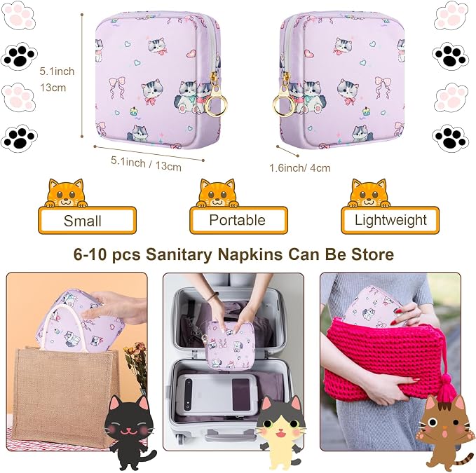Likesing Tampon Holder for Purse, Canvas Period Bag Sanitary Napkin Storage Bag for Girls Womens, Portable Feminine Emergency Pad Period Pouch(Bow-Tie Wink Cat)