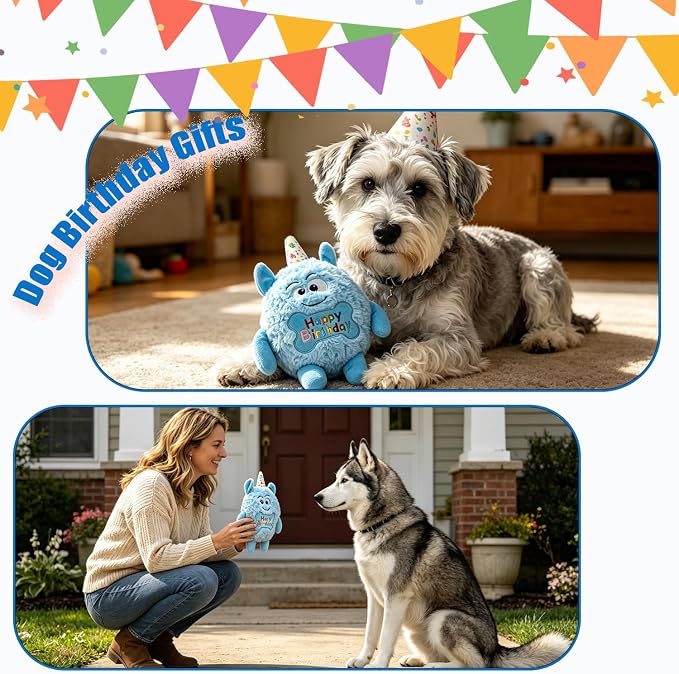 Monster Dog Birthday Toy for Gifts, Stuffed Dog Plush Toy, Blue | Crinkle Squeaky, Soft Lightweight Toy for Fetch and Chew, Interactive Outdoor Indoor Play for Tug, For Puppy Small Medium Dog