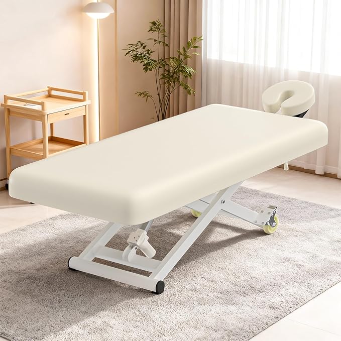 Electric Massage Table Bed - Facial Spa Treatment Table, Esthetician Bed with Wheel, Hand & Foot Pedal Dual Control Adjustable Height 440lbs, Professional Salon & Beauty Spa Use (Beige)