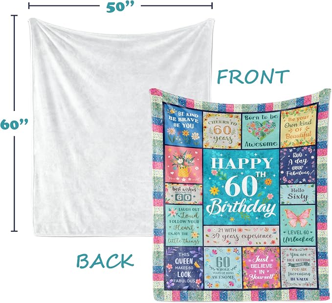 Butonus 60th Birthday Gifts for Women Blanket 60x50in, Gifts for 60 Year Old Woman, Happy 60th Birthday Decorations, 1966/Sixty Birthday Present for Her
