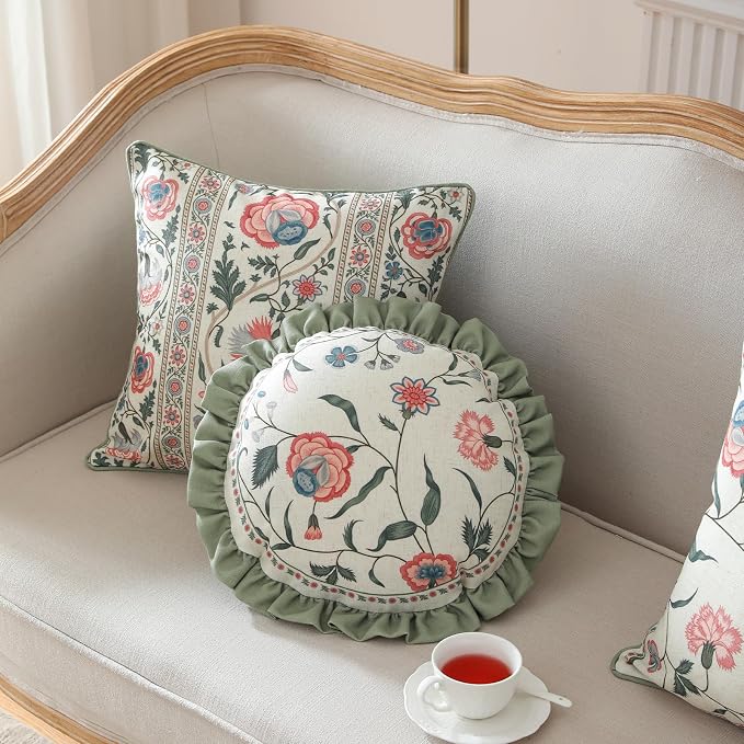 Designer Linen Throw Pillow Cover,Set of 2,Diameter 16"-Daffy A | Vintage French Elegant Round Pillow Cover,Concealed Zipper Design,Floral Pattern,Sofa,Bedroom,Living Room,Lounge Chairs