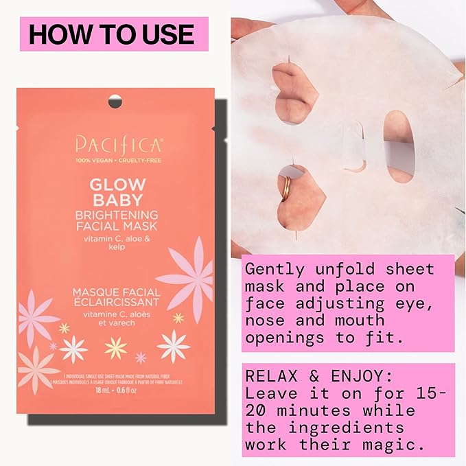 Pacifica Sheet Face Mask - 6 Pack - Glow Baby Brightening Facial Mask w/Vitamin C, Aloe & Kelp – Cooling Mask for Dark Spots & Fine Lines - Clean Beauty Vegan & Cruelty-Free Dermatologist Tested