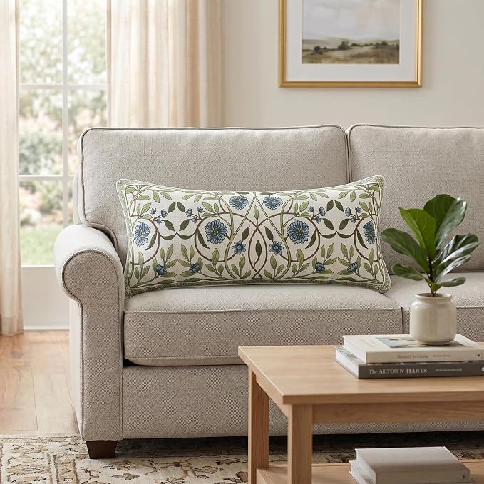 Designer Linen Throw Pillow Cover,Set of 2,28"x12"-Mosella A | Vintage Elegant Rectangle Decor Pillow Cover,Concealed Zipper Design,Floral Pattern,Sofa,Bedroom,Living Room,Lounge Chairs