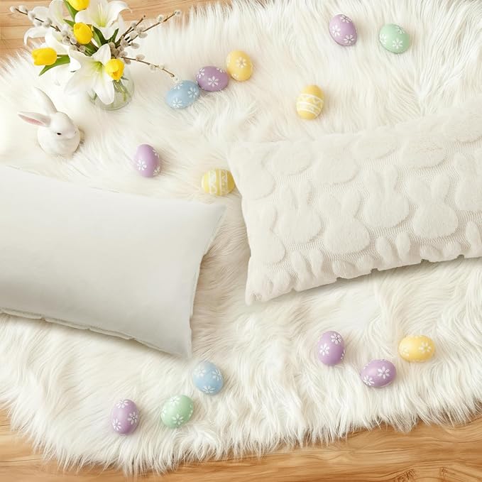 decorUhome Cream White Faux Fur Bunny Throw Pillow Covers 12x20 Set of 2 | Plush Soft Wool Jacquard Cream White Rabbit Cushion Covers, Modern Farmhouse Easter Holiday Decor PillowCases for Sofa Bed