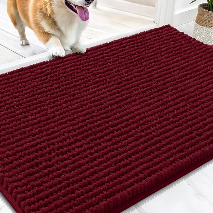 OLANLY Dog Door Mat for Muddy Paws 30x20, Extra Absorbent Chenille Mud Mat | Burgundy, Absorbs Moisture and Dirt, Non-Slip Machine Washable Doormat, Quick-Drying Indoor Entryway Floor Mat for Dogs