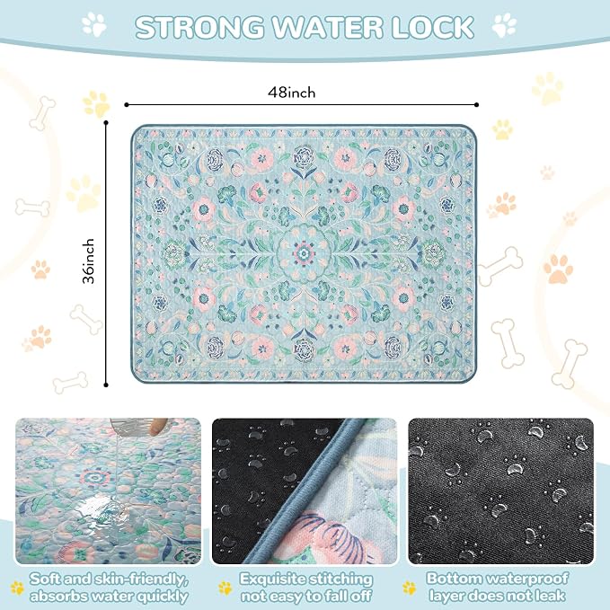 Lahome Botanical Washable Reusable Pee Pads for Dogs, 2 Pack, Blue, 36x48 | Super absorbent, waterproof training mats with leakproof non-slip backing; suitable for potty training, crates and floors.