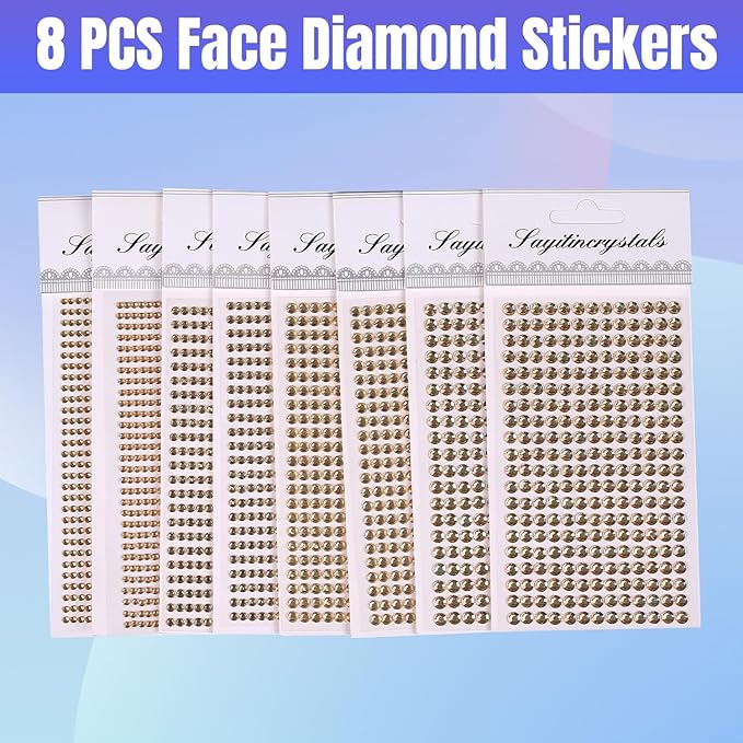 8 Sheets Rhinestone Stickers，3584 Pcs Gem Stickers for DIY Face Eyes Makeup Hair（Shallow Golden-3/4/5/6mm）