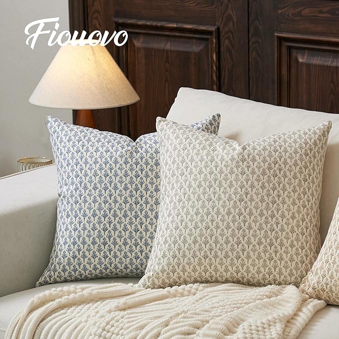 FIOUOVO Floral Pillow Covers 18x18 Pillow Cover Block Print Couch Pillows for Living Room Decorative Neutral Accent Throw Pillow Covers, 1PC, Aqua Blue