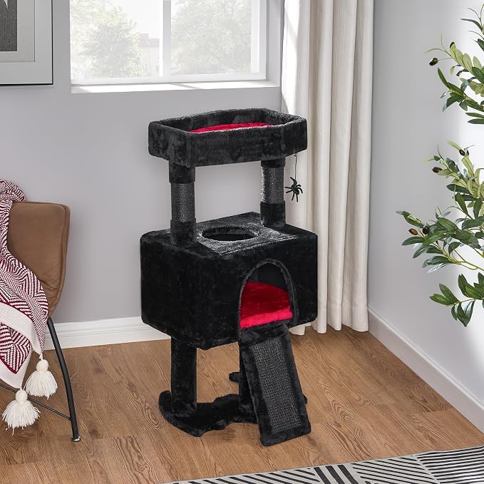 BEWISHOME Cat Tree Tower for Indoor Cats, Gothic Cat Trees with Coffin Bed | Goth Cat Tree/Condo/House with Scratching Posts, Cat Shelves with Spider Toy, Pet Play Activity Center Black with Red MMJ95R