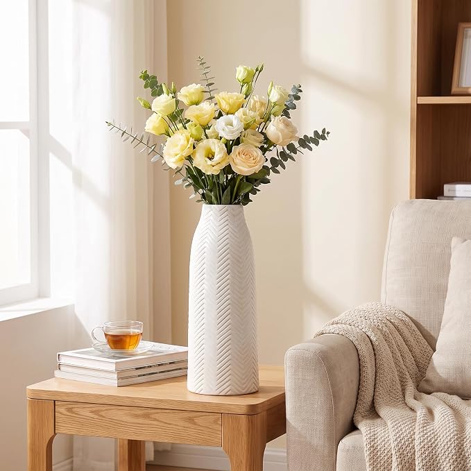 hjn Large White Vase for Flowers Ceramic Vase for Home Decor Tall Vases for Your Floor/Kitchen/Office/Living Room/Table- White Texture(Large)