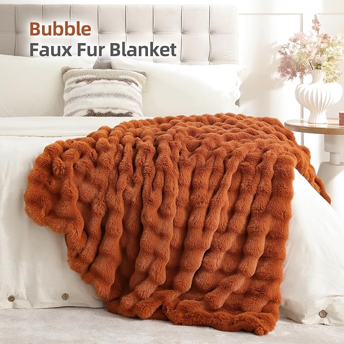 Faux Fur Fall Throw for Couch - Burnt Orange Bubble Blanket 60"x80" | Fluffy Plush Fuzzy Throw for Sofa & Bed, Super Soft Cozy Comfrt Blanket, Luxury Aesthetic Burnt Orange Decor Gift for Women