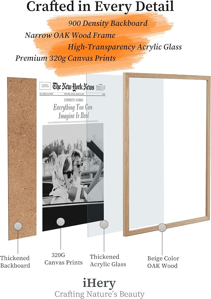 iHery 16x20in Everything You Can Imagine Is Real Framed Newspaper Art | Natural OAK Wood Frame with Canvas Print, Vintage Girls Decor for Bedroom, Living Room, Dorm and Gallery Wall, 1Pack