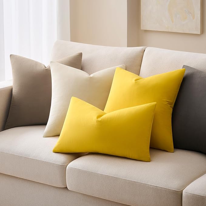Throw Pillow Covers Set of 2 24x24 Inch Velvet Pillow Covers, Soft Yellow Decorative Covers for Couch Sofa Bed Living Room, Neutral Farmhouse Covers, Home Boho Decor