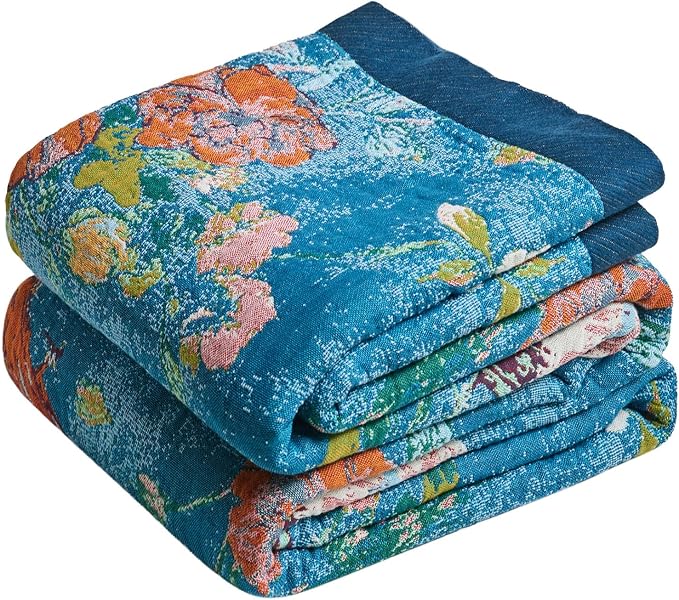MSGKV Boho Throw Blanket 50"x60" 100% Cotton Floral Bird Throw for Couch | 100% Cotton Throw, Floral Bird Pattern, Reversible Woven, Breathable Lightweight, Farmhouse Decor, Machine Washable