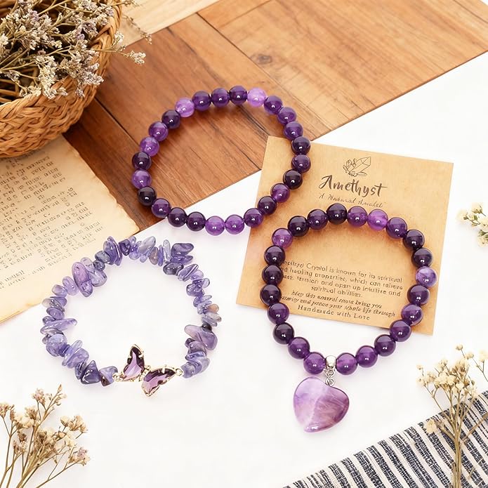Healing Crystal Beaded Bracelet for Women Amethyst Gemstone Anxiety Stress Relief Charm Bracelet Butterfly Heart Charm Healing Stone Jewelry Gifts for Birthday Mothers Day Valentine