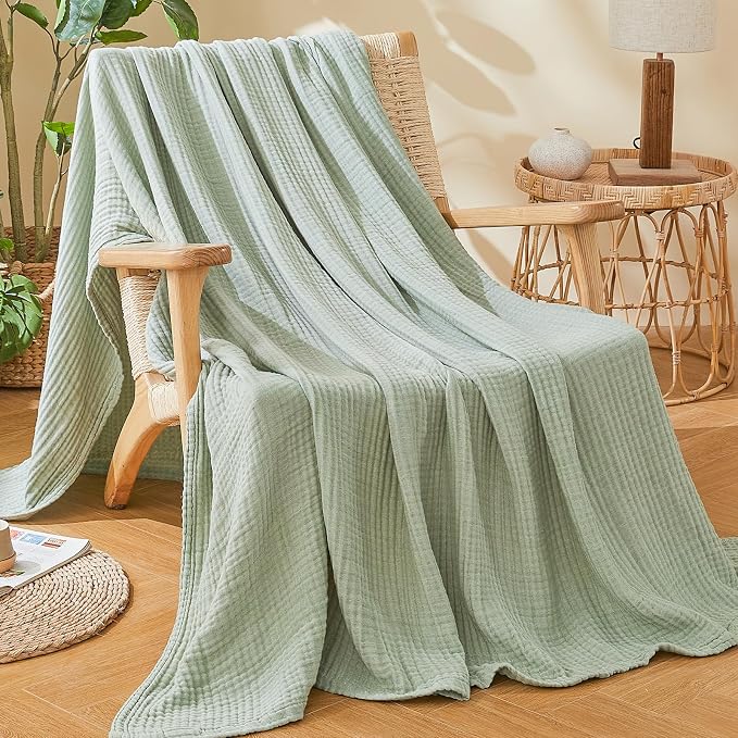 EMME Cotton Muslin King Blanket Bed Layering Bedspread Coverlet Breathable Gauze Soft Lightweight (Heather Sage Green, 108"x90")