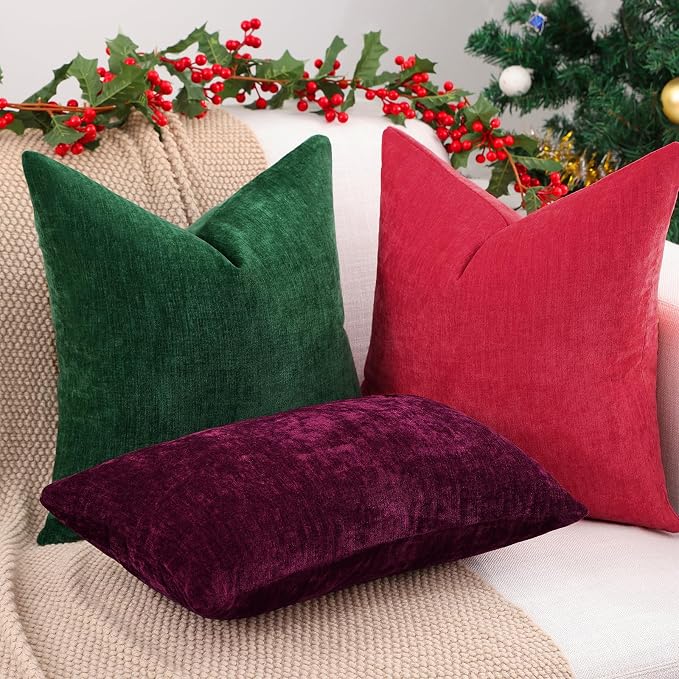 decorUhome Soft Chenille Christmas Red Throw Pillow Covers 18X18 Set of 2 | Decorative Fall Couch Pillow Covers Solid Dyed Accent Modern Farmhouse Neutral Square Pillow Cases for Sofa