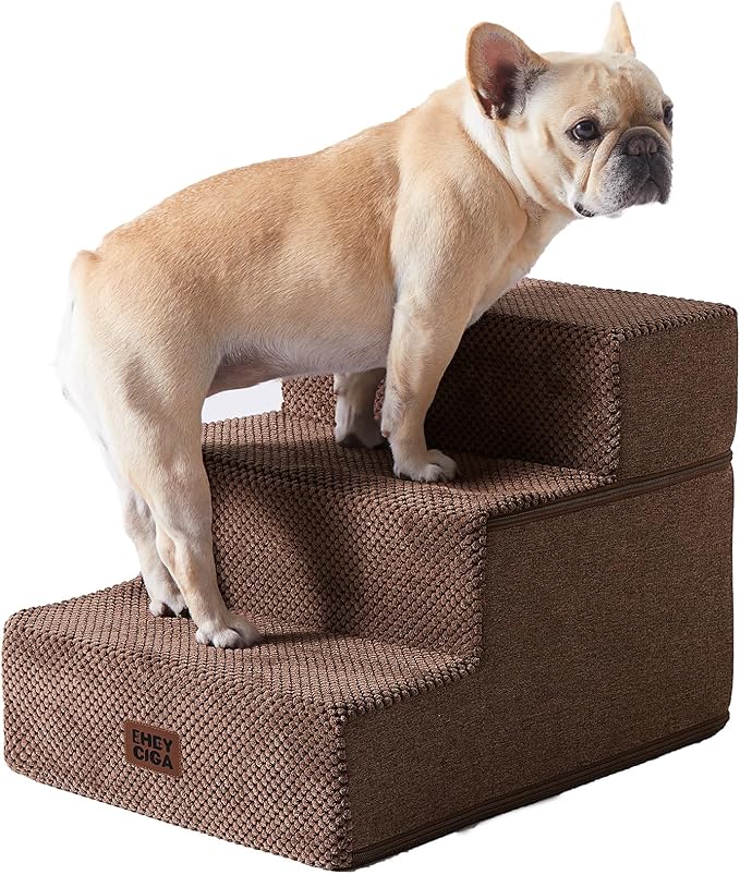 EHEYCIGA Dog Stairs for Small Dogs 13.5" H, 3-Step Dog Steps for Cats, Brown